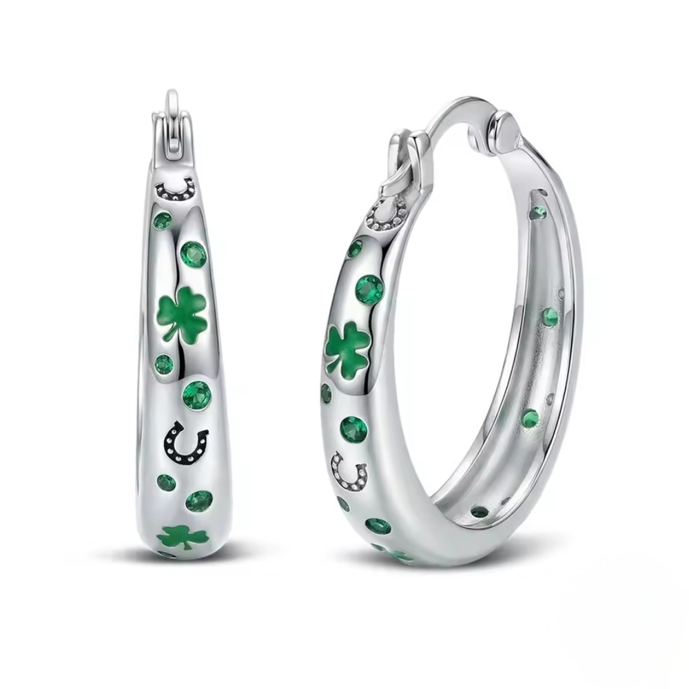 Sterling Silver Hoop Earrings with Green Clover & Horseshoe Accents ☘️